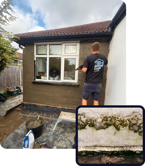 Salt-contaminated plaster being stripped back to brick, with damp returning along the base of a wall